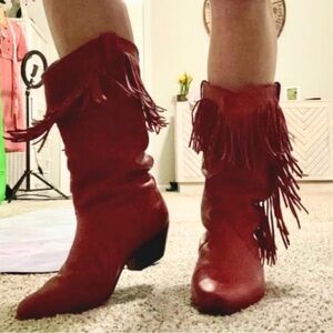 Vintage Red Leather Fringe Boots with Floral Lining